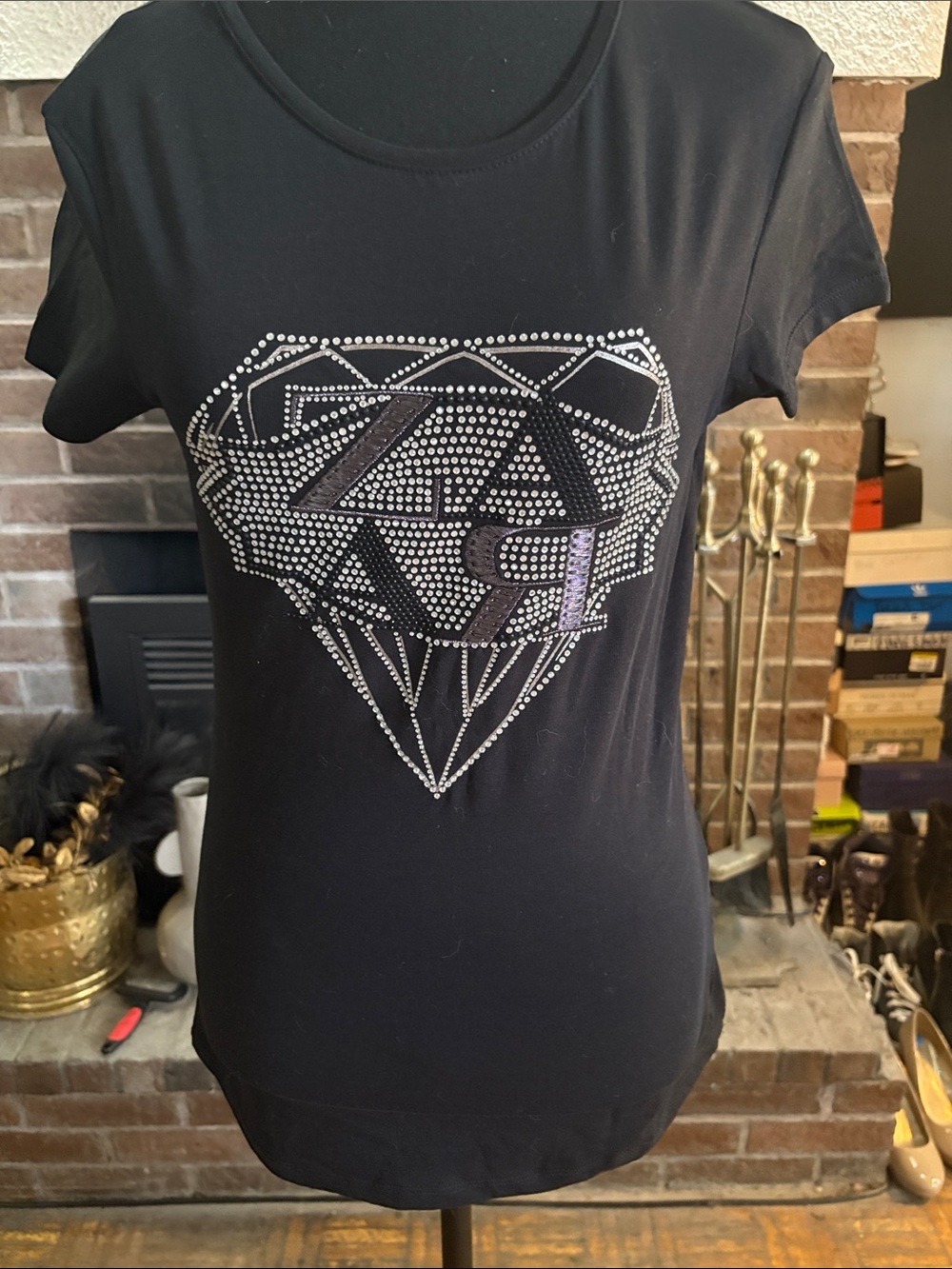 Zara Black Short Sleeve Tee with Rhinestone Diamond Graphic